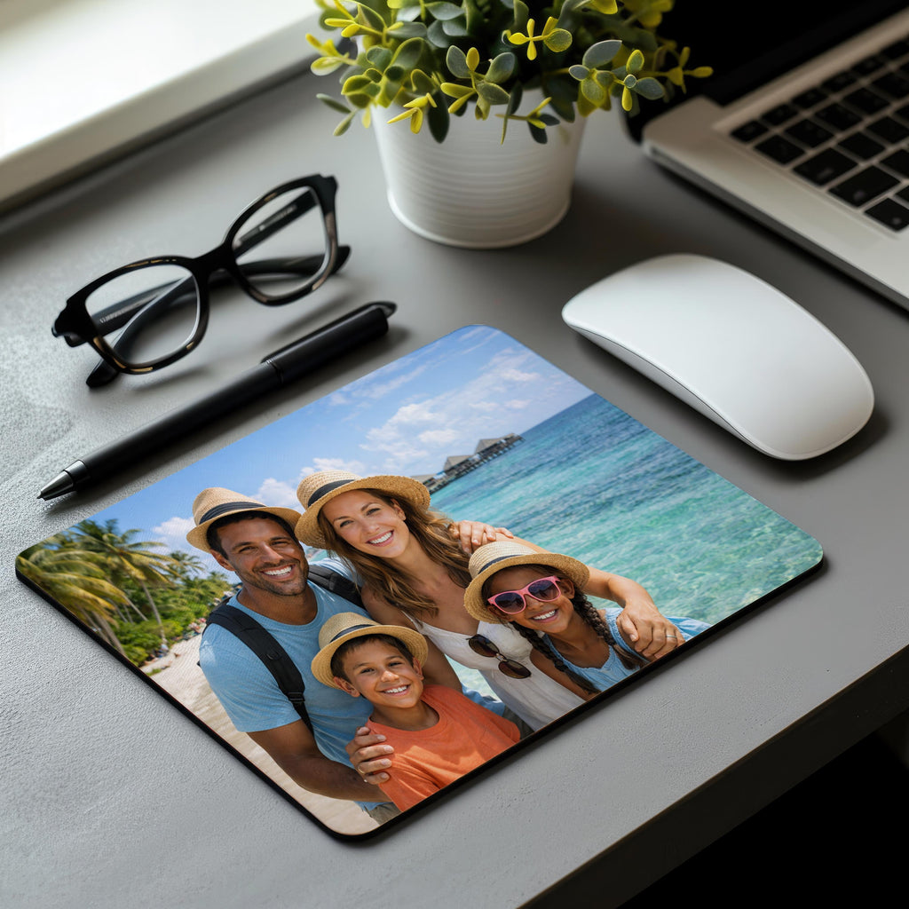 Custom photo mouse pad with full-color UV print and non-slip rubber backing