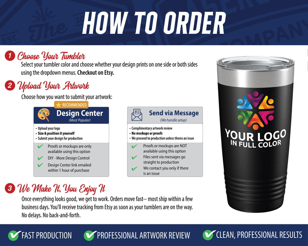 The image is a promotional advertisement for a customizable tumbler service. It features a close-up of a tumbler with a colorful design, along with text providing information about how to order a customized tumbler.