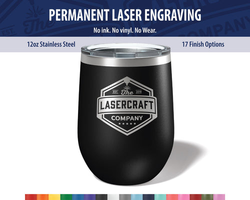 a black stainless steel tumbler with a white and silver logo on it.