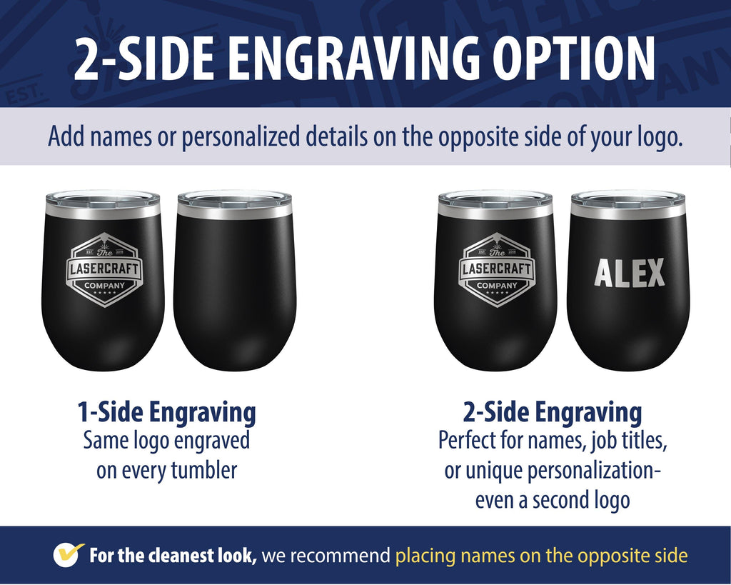 The image is an advertisement for a 2-sided engraving option for wine glasses. It features two sets of wine glasses, one with a logo engraved on it and the other without a logo. The text suggests that adding names or personalized details on the opposite side of the logo can be done through the 2-sided engraving option.