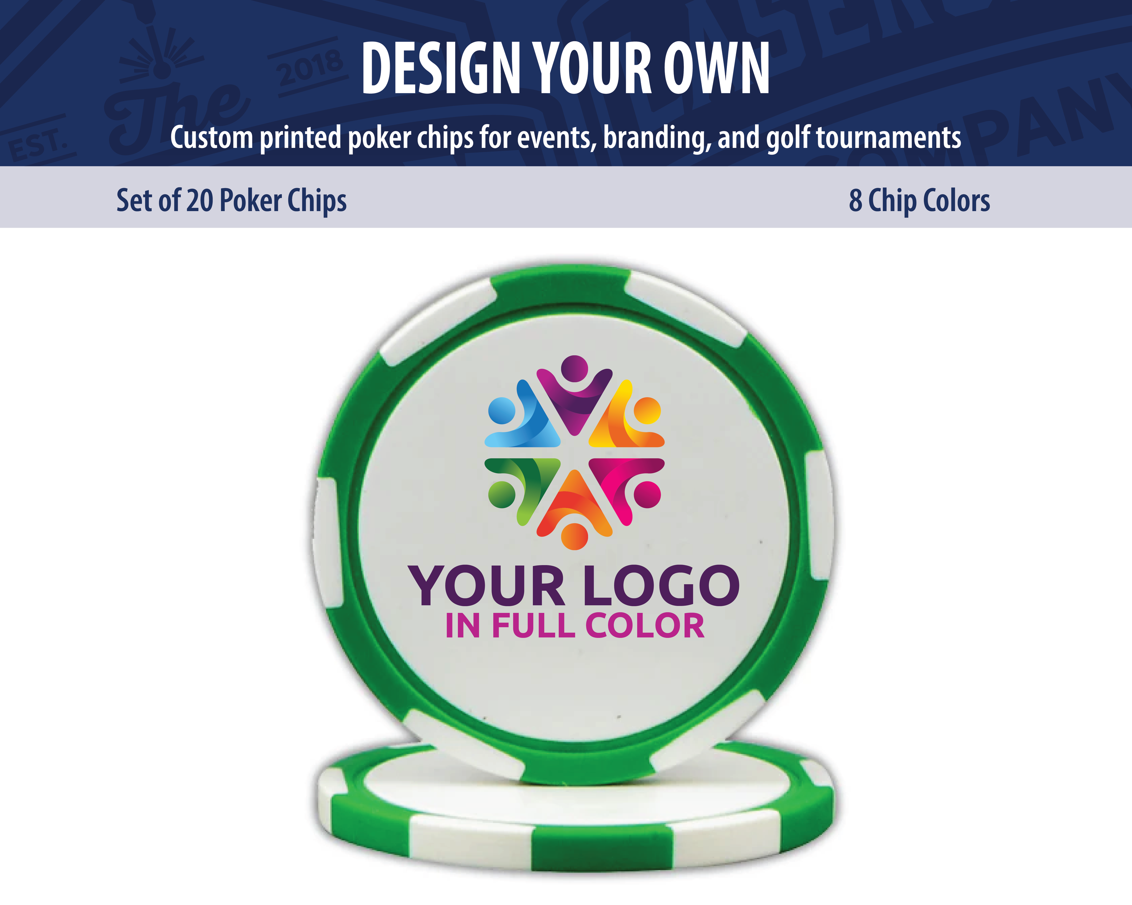 Custom 6-stripe poker chips variant with full-color UV printing