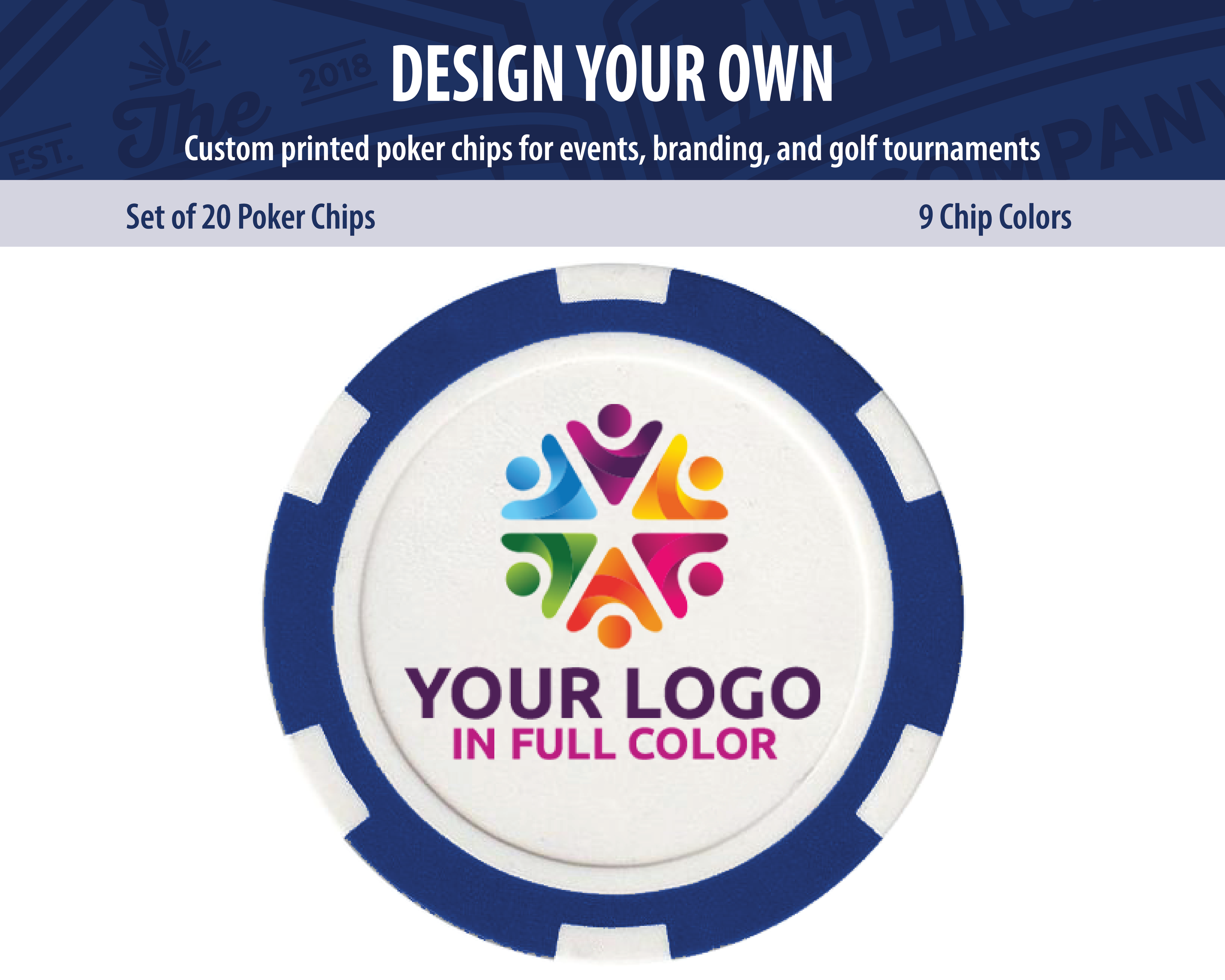 Custom printed poker chips set of 20 — full-color UV print on both sides